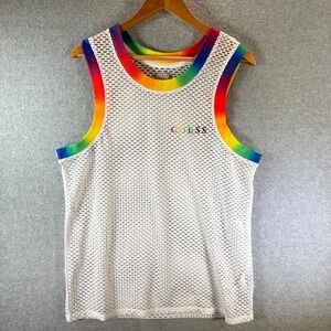GUESS Tank Top Men's Small White Stretch‎ Rainbow Mesh Outdoor Gym Pullover